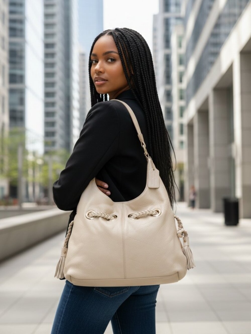 a.n.a (A New Approach) Cream/Beige Braided Tassel Slouchy Hobo Bag